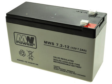Akumulator; kwasowy bezobsługowy AGM; MW 7,2-12S; 12V; 7,2Ah; 151x65x94(100)mm; konektor; MW POWER; 2,45kg; 6÷9 lat