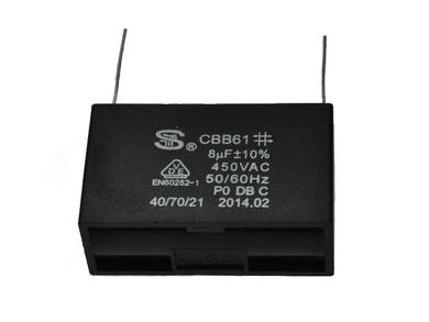 Capacitor; motor; 8uF; 450V AC; CBB61 8uF/450VAC 10%; 22x34x58mm; through-hole (THT); S-cap; RoHS