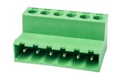 Terminal block; 2ESH-06P; 6 ways; R=5,08mm; 15mm; 12A; 300V; for cable; angled 90°; slot screw; screw; vertical; 0,2÷2,5mm2; green; Dinkle; RoHS