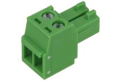 Terminal block; 15EGTK-3.5-02P-14-00AH; 2 ways; R=3,50mm; 15,4mm; 8A; 125V; for cable; angled 90°; square hole; slot screw; screw; vertical; 1,5mm2; green; Golten; RoHS