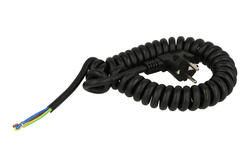 Kabel; zasilający spiralny; H05VV-F1,00-3m; wtyk sieciowy CEE 7/7 kątowy; przewody; 3m; czarny; 3 żyły; 1,00mm2; PVC; okrągły; linka; Cu; RoHS