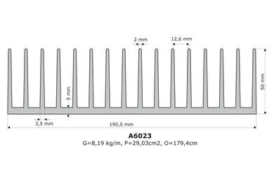 Heatsink; A6023; 7,8kg/m; ribbed; 190,5mm; 50mm; Kety