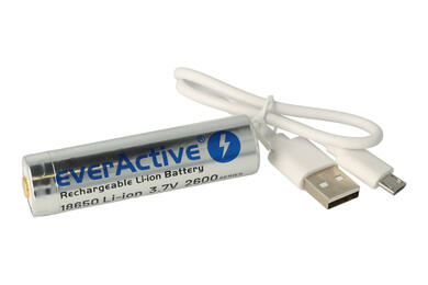 Rechargeable battery; Li-Ion; EVL18650M-2600BOX; 3,7V; 2600mAh; fi 18,4x70,2mm; 2 pins; everActive; 18650; with PCM protection; with microUSM socket