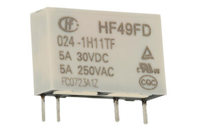 Relay; electromagnetic miniature; HF49FD-024-1H11TF   (JZC49F); 24V; DC; SPST NO; 5A; 250V AC; 5A; 30V DC; PCB trough hole; Hongfa; RoHS