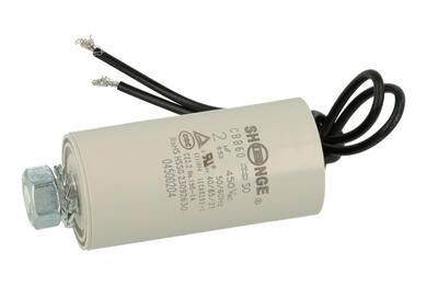 Capacitor; motor; CBB60(C61)2uF/450VAC Pbf; 2uF; 450V AC; fi 28x55mm; with cables; screw with a nut; Shenge; RoHS